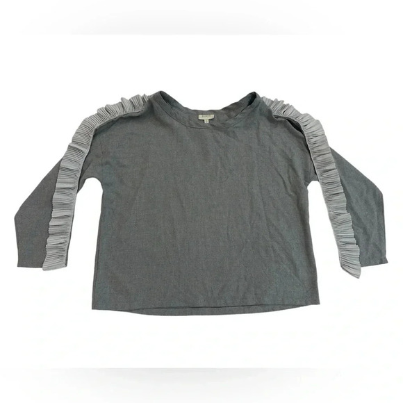 koch Tops - Koch Blouse Women’s Long Sleeve Ribbon Back Ruffle Trim Grey Size Medium EUC
